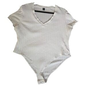 White Ribbed Bodysuit V Neck Short Sleeve Y2K Minimalist Basic Stretch‎ Top 4X